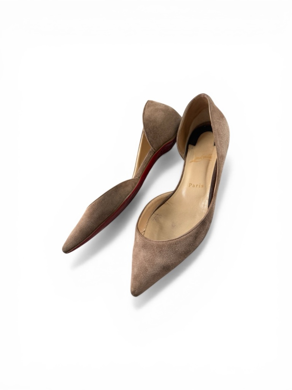 Christian Louboutin Pointed Toe Suede Flats in Taupe Brown